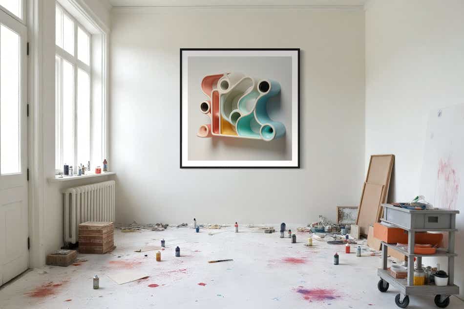 AI-assisted abstract objects by philip ruston presented in a contemporary art studio.