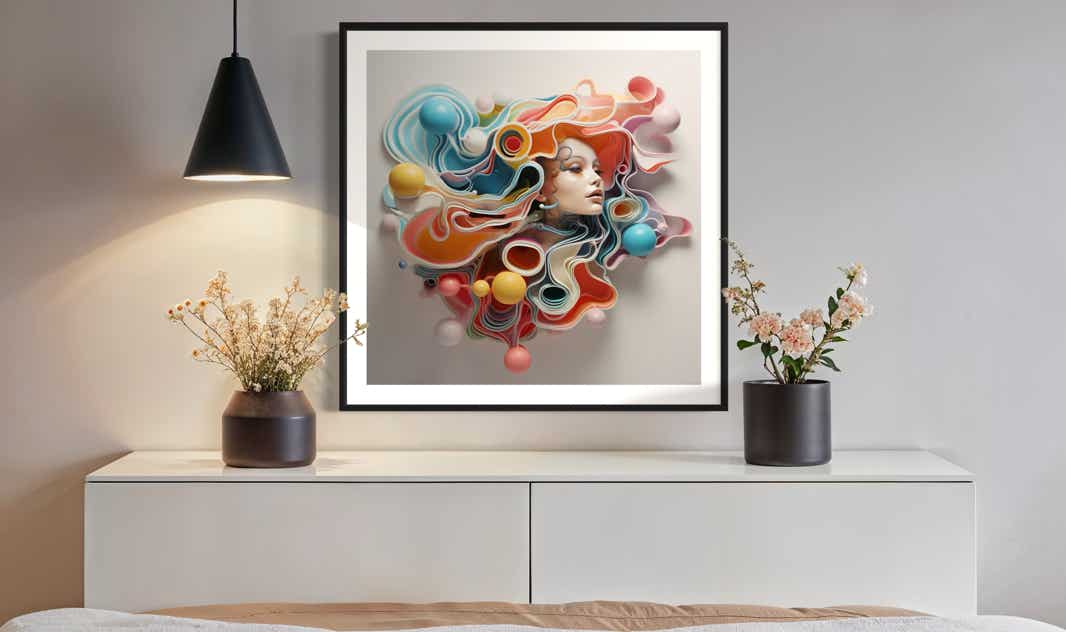 AI-assisted abstract objects by philip ruston presented above a cupboard in a contemporary style home.