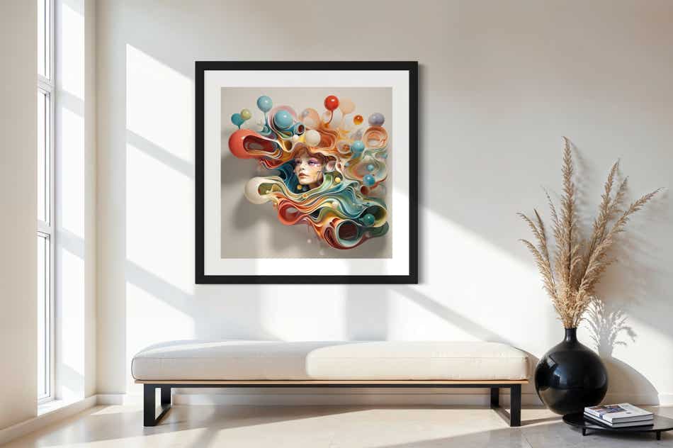 AI-assisted abstract objects by philip ruston presented above a chaise longue in a contemporary style home.