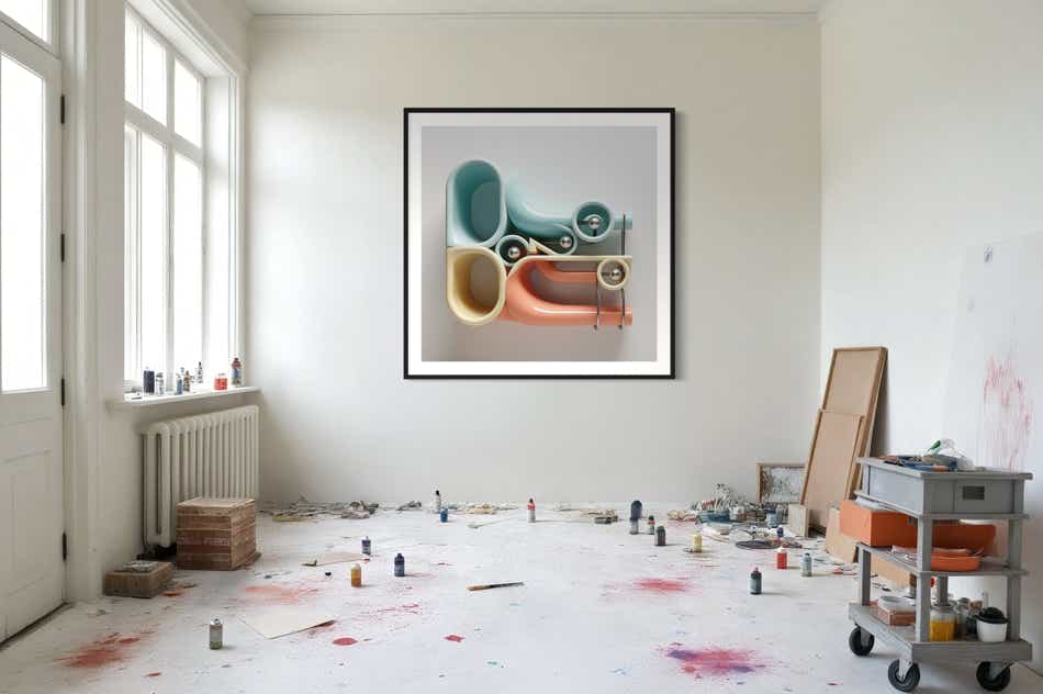AI-assisted abstract objects by philip ruston presented in a contemporary art studio.
