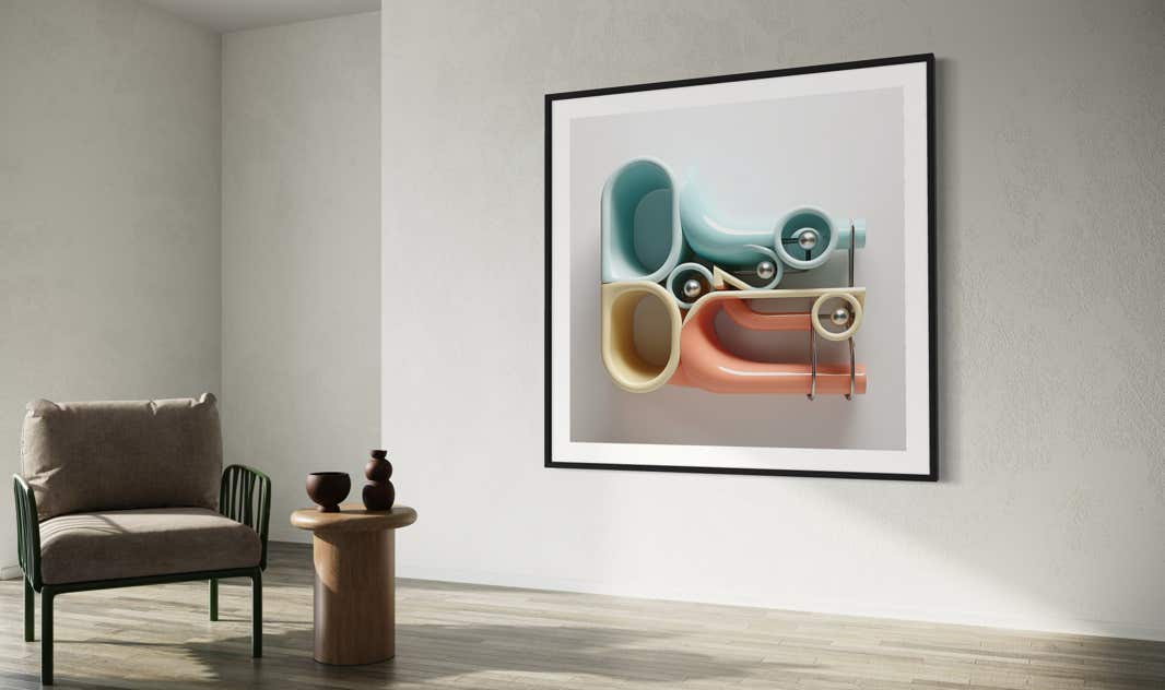 AI-assisted abstract objects by philip ruston presented in a contemporary style home.