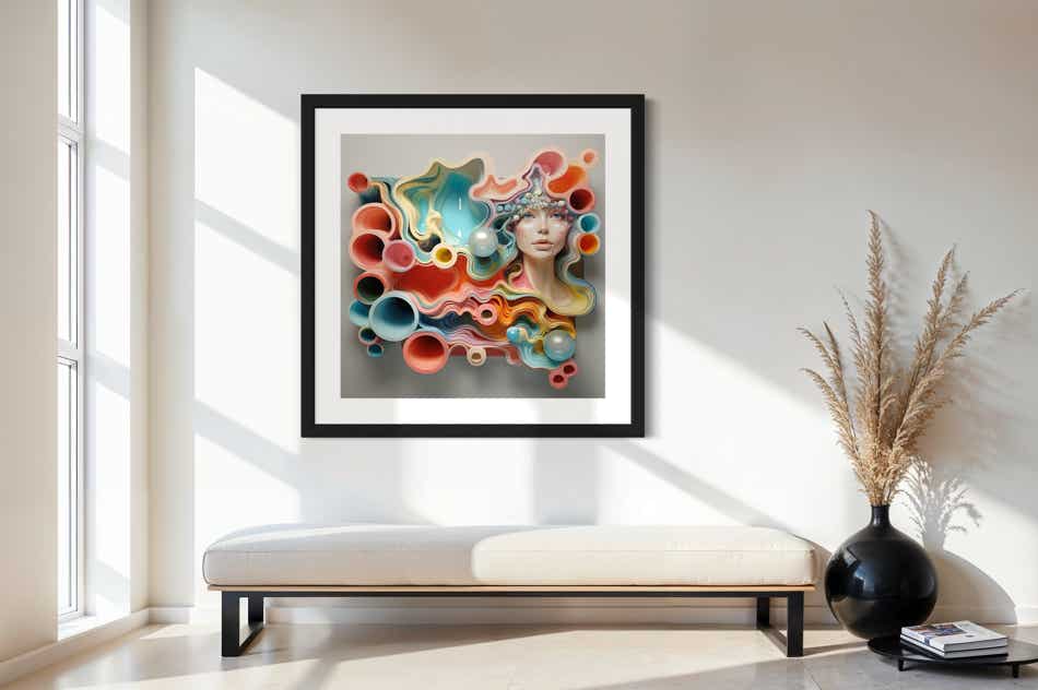 AI-assisted abstract objects by philip ruston presented above a chaise longue in a contemporary style home.