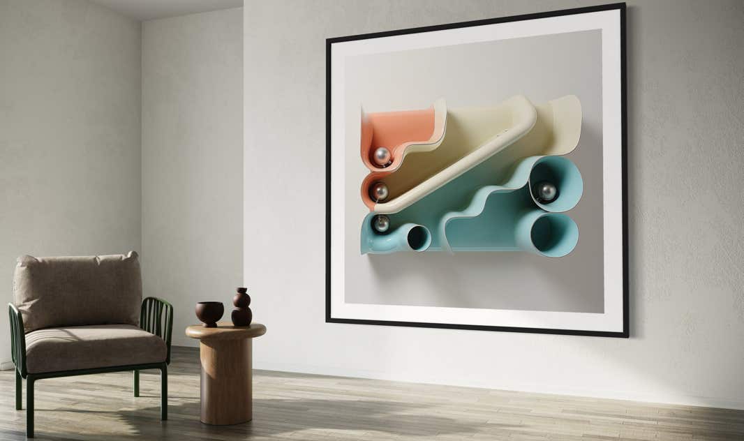 AI-assisted abstract objects by philip ruston presented in a contemporary style home.