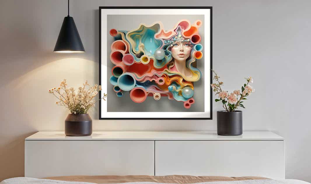AI-assisted abstract objects by philip ruston presented above a cupboard in a contemporary style home.