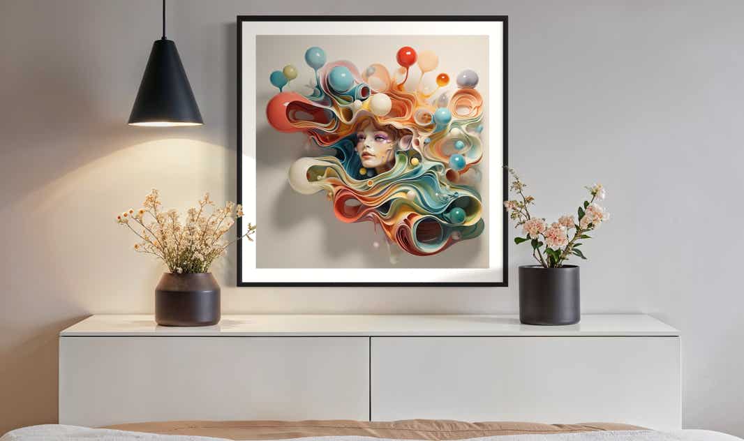 AI-assisted abstract objects by philip ruston presented above a cupboard in a contemporary style home.