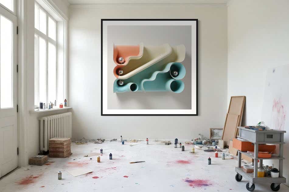 AI-assisted abstract objects by philip ruston presented in a contemporary art studio.