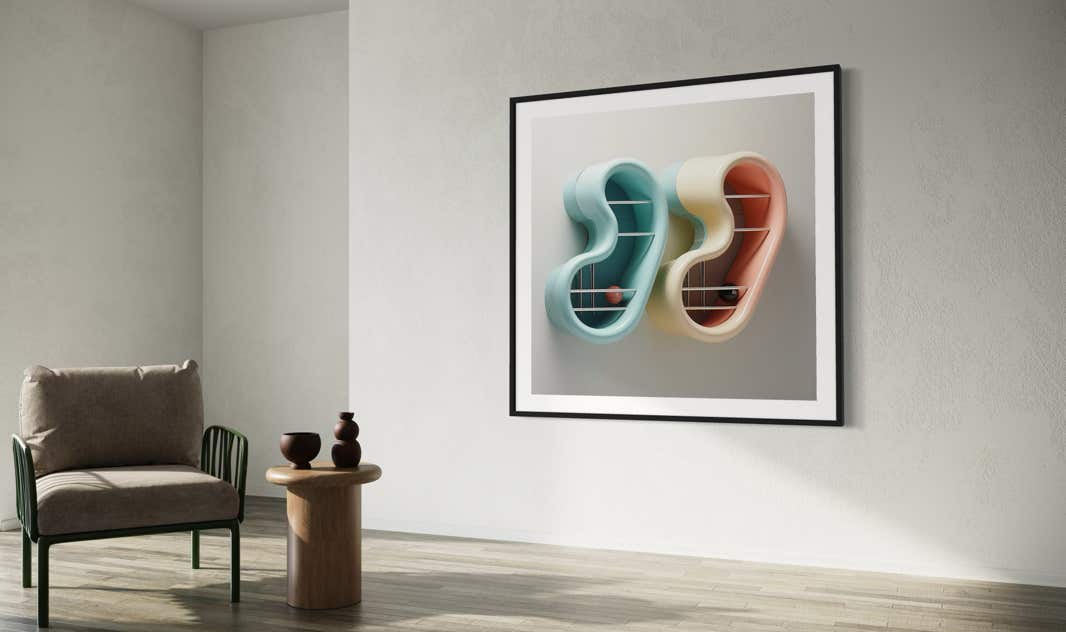 AI-assisted abstract objects by philip ruston presented in a contemporary style home.
