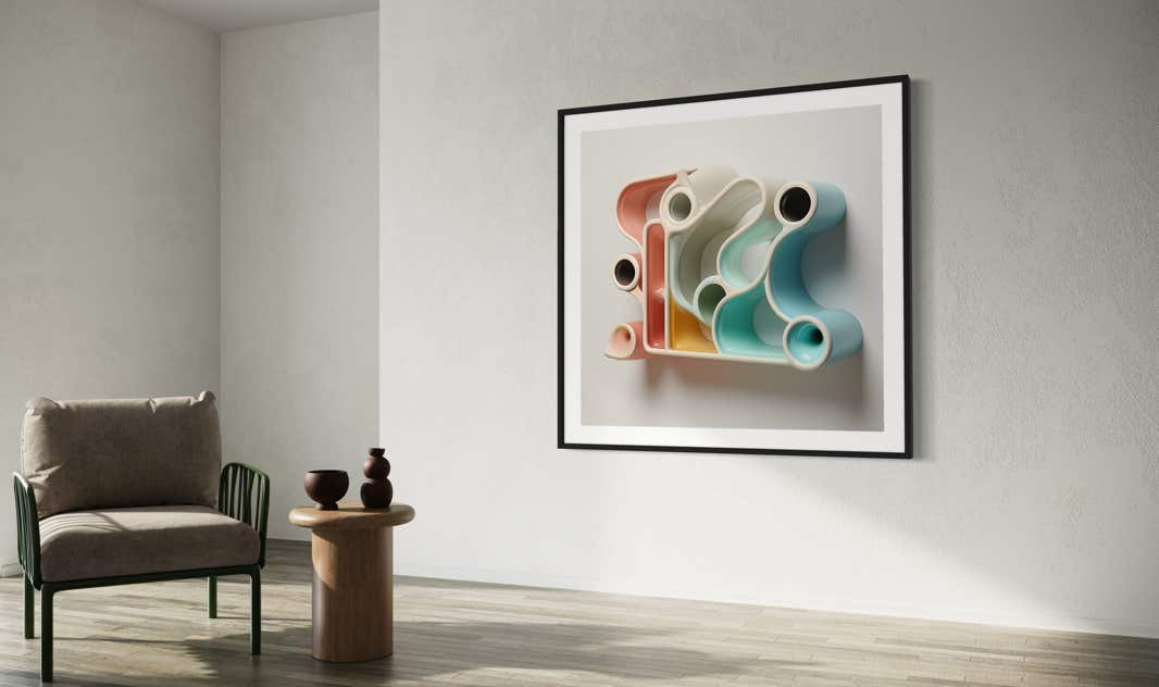 AI-assisted abstract objects by philip ruston presented in a contemporary style home.