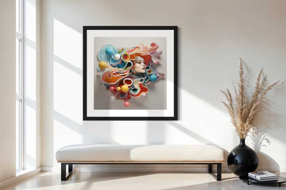 AI-assisted abstract objects by philip ruston presented above a chaise longue in a contemporary style home.